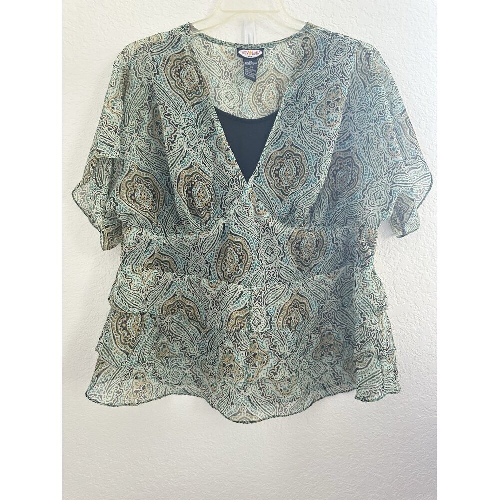 Zoey Beth Womens Babydoll Blouse 2X Multicolor Paisley Tiered‎ Short Sleeve Y2K